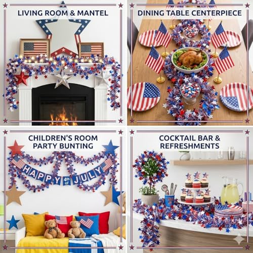50ft Patriotic Red White and Blue Tinsel Garland - 4th of July Decor