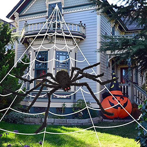 Giant 200" Halloween Spider Web with 59" Scary Spider Outdoor Decor