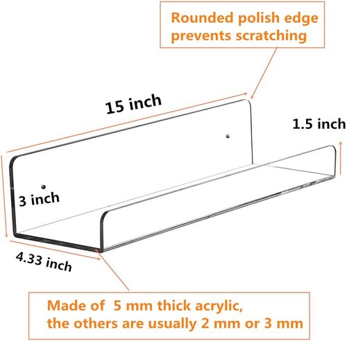 CY Craft Clear Acrylic Floating Shelves - 15 Inch Wall Mounted Storage Shelf Set of 4 for Kitchen, Bathroom, Office