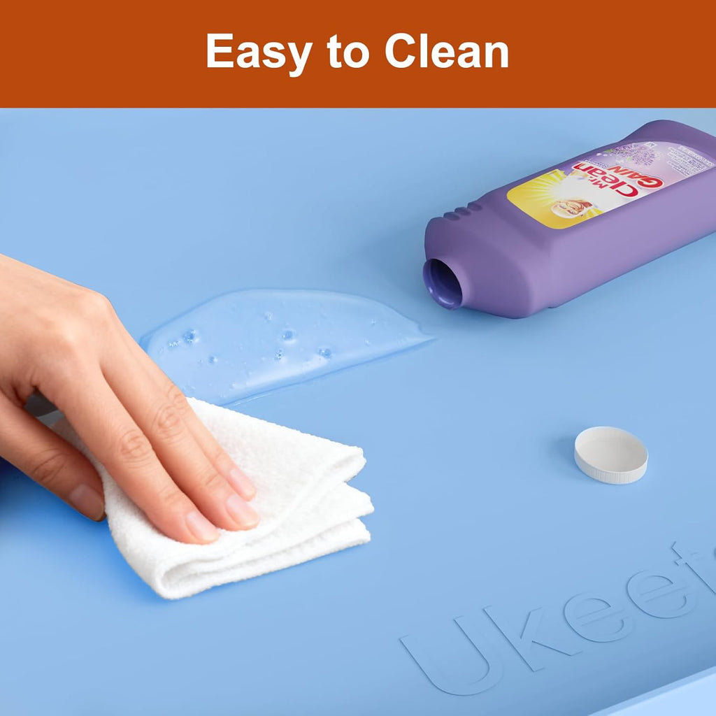 Ukeetap Extra Thick Waterproof Silicone Mat - Raised Edge, 34" x 22" for Kitchen & Bathroom Protection | Blue