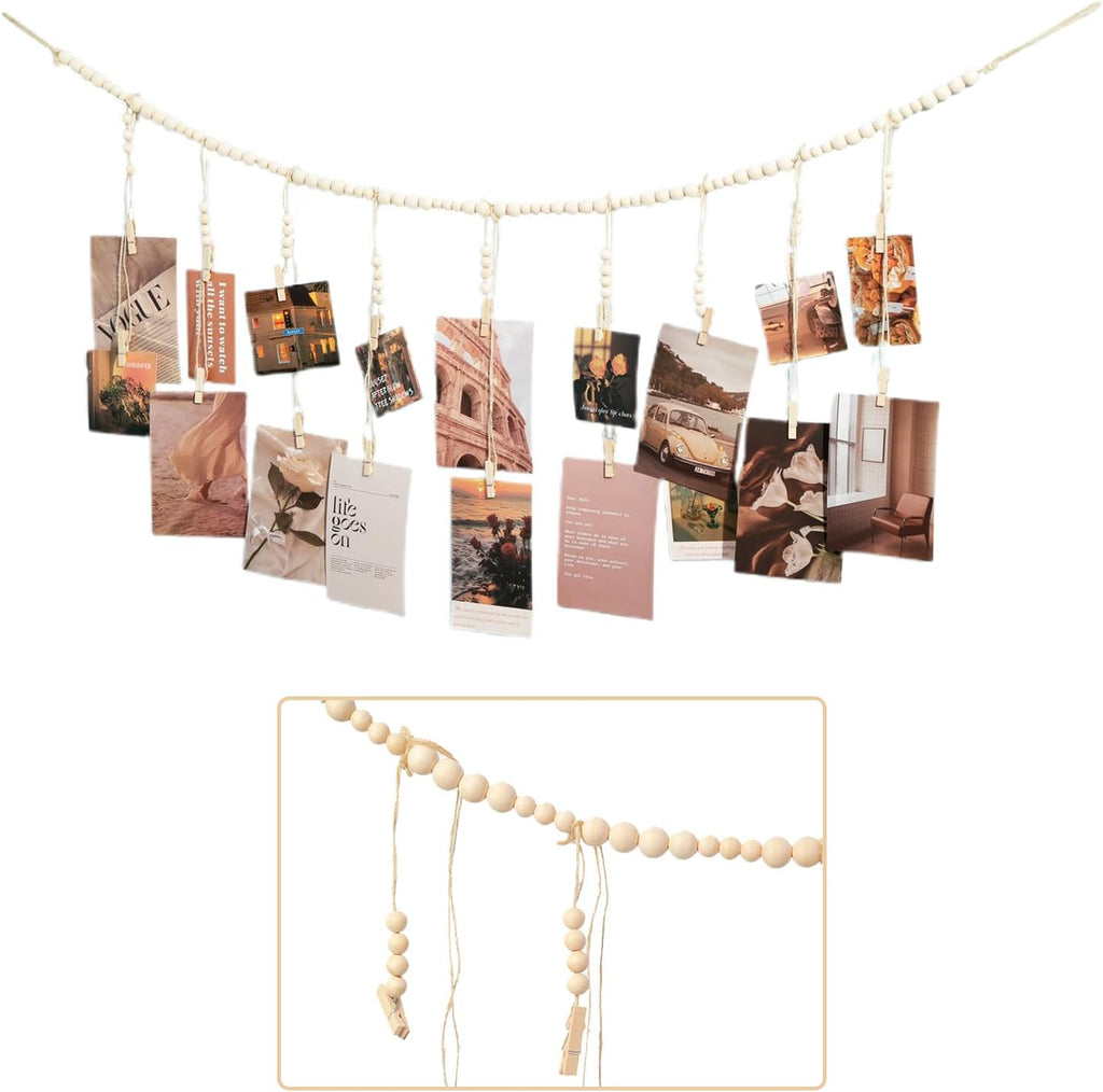 Skiennix Hanging Photo Display - 18 Wood Clips for Boho Wall Décor | Perfect for Bedroom & Living Room