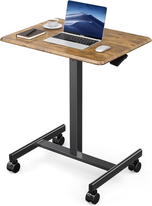 DUMOS Portable Small Standing Desk - Adjustable Height Laptop Workstation with Lockable Wheels | 19 Inch Brown