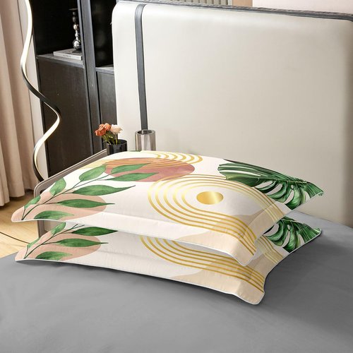 Erosebridal Palm Leaves 100% Natural Cotton Duvet Cover King Size Tropical Botanical Plants Comforter Cover for Kids Teens Golden Geometric Stripes Bedding Set Decor Nature Summer Theme Bed Set Decor