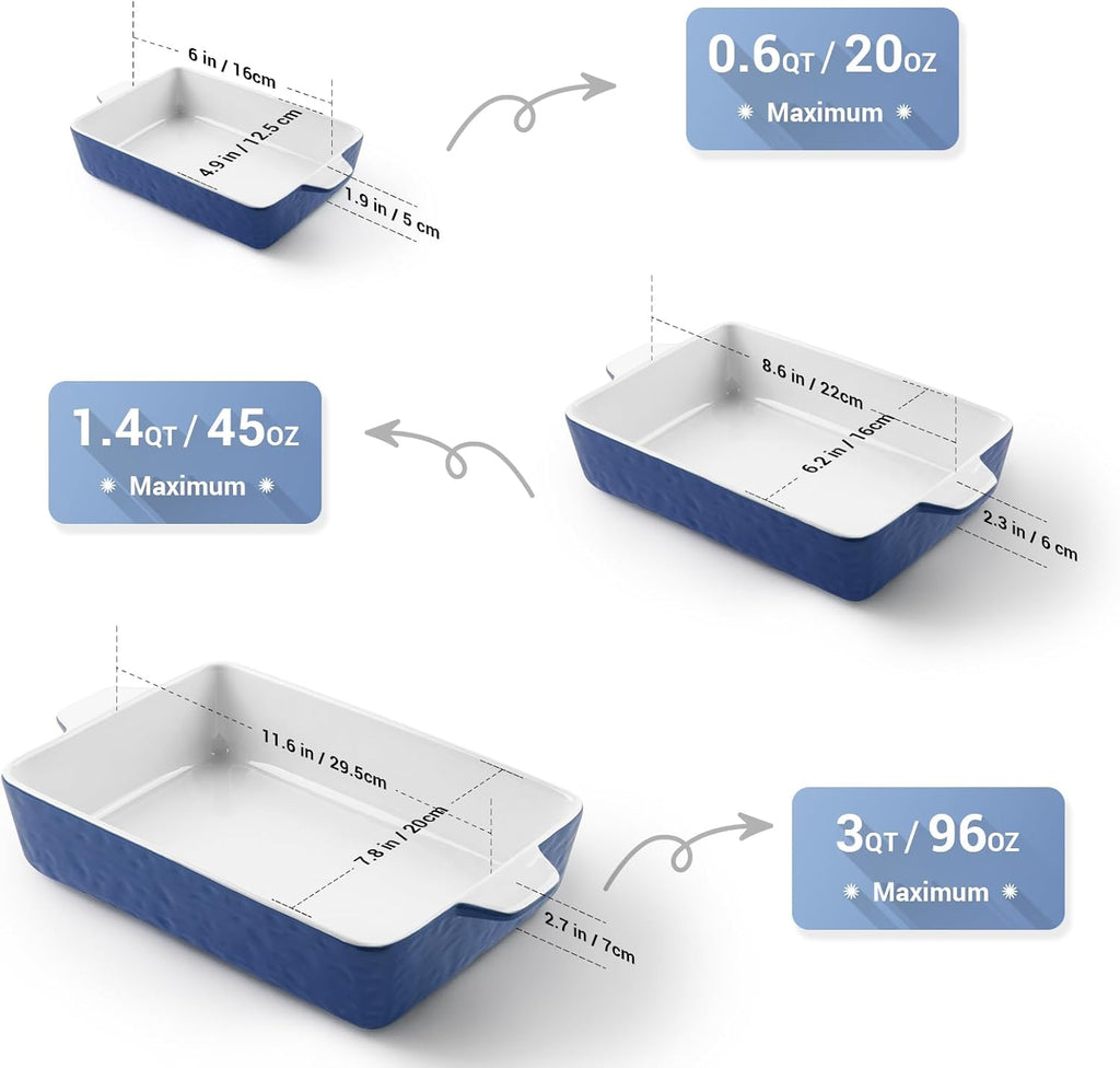 Regine Switzerland Casserole Dishes - Ceramic Baking Pan Set of 3 | Deep Lasagna Dish with Handles (11.6" x 7.8", Dark Blue)
