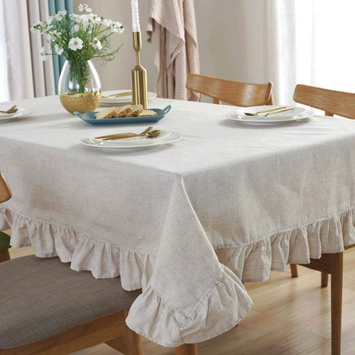 AMZALI Cotton Linen Tablecloth Flounces Fabric Dust-Proof Table Cover for Kitchen Dinner Picnic Table Cloth Tabletop Buffet Home Decoration (Rectangle/Oblong, 55 x 70 Inch, Linen)