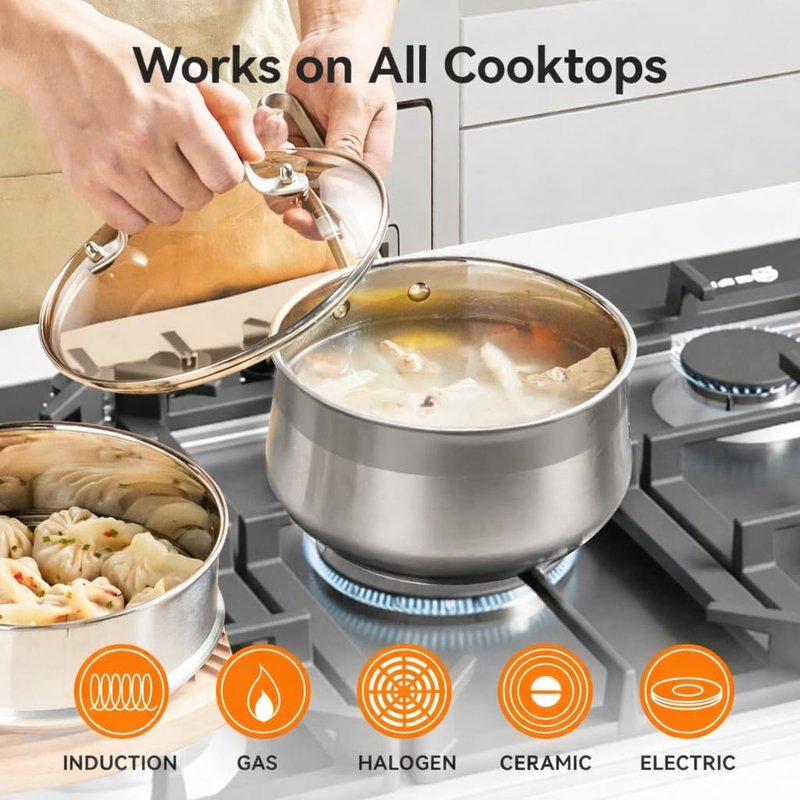 WANGYUANJI 2.5 Quart Stainless Steel Saucepan with Steamer Basket - 2-in-1 Multipurpose Steamer Pot for Cooking, Veggies & Pasta - Tri-Ply Bottom Induction Sauce Pan with Glass Lid, Silver