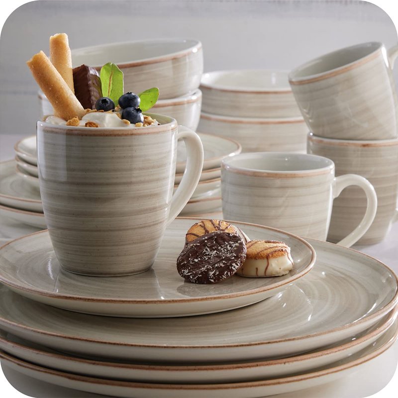 Corona 16-piece Rustic Aestethic Hand-Painted Versatile Ceramic Dinnerware Sets | Plates, Bowls and Mugs | Service For 4 | Gray Caoba