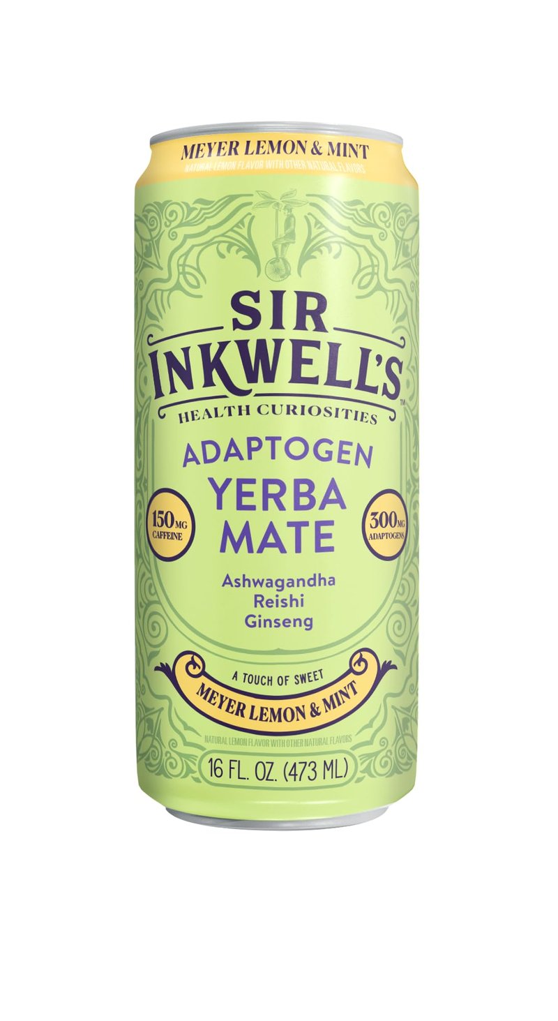 SIR INKWELL'S Adaptogen Yerba Mate Tea | Healthful Energy + Productivity 150 mg Organic Caffeine | 300mg Ashwagandha Reishi Ginseng | Non-GMO Certified | Meyer Lemon & Mint 16oz 12pk