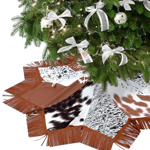 Stylish Shappy Western Cow Christmas Tree Skirt 48 Inch Holiday Decor with Tassels