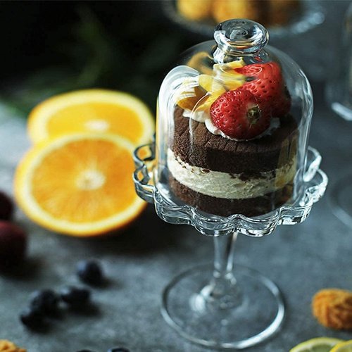 Decoret Mini Cake Stand Glass Cupcake Display Plate with Dome Cover Pedestal Dessert Stand Holder for Wedding Birthday Party Supplies (Flower)