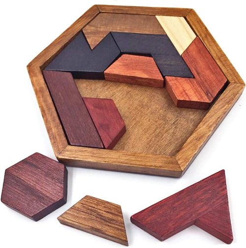 KINGOU Hexagon Tangram Puzzle | Wooden Brain Teaser for Kids & Adults - Fun Family Challenge Game