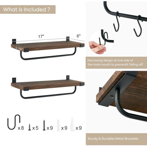 Mkono Mug Holder Wall Mounted Coffee Mug Rack Set of 2 Rustic Floating Shelf for Coffee Bar Accessories Wood Tea Cup Hooks Hanger for Organizing Cooking Utensils, Home Kitchen Decor, Brown