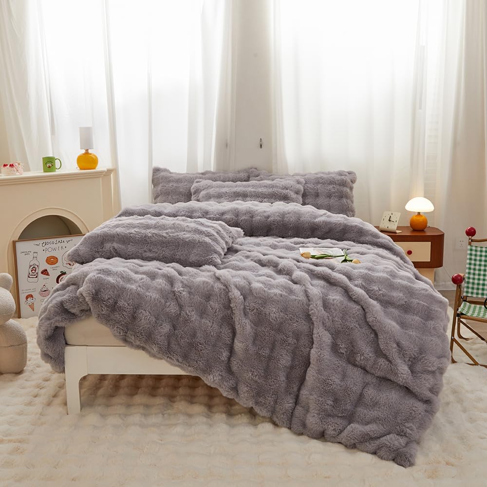 Roscloud Rabbit Plush Kids Girls Gray Comforter Cover Duvet Cover Twin - 3PC Faux Fur Bed Set Soft Warm Velvet Flannel Fluffy Fuzzy Bedding（Comforter x 1 Pillowcases x 2）