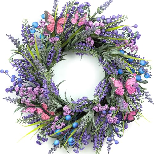 18-Inch Lavender Wreath with Butterflies and Berries for Front Door Decor