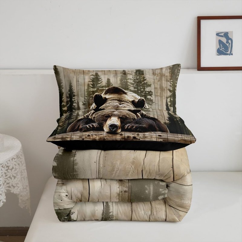 Feelyou Grizzly Bear Comforter Set Queen Size, Wild Animal Hunting Quilt Set with 2 Pillowcases, Rustic Cabin Farmhouse Bedding Set 3pcs for Kids Boys Teens Room Decor, Western Country Duvet Insert