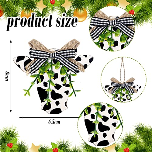 Cow Print Christmas Ornaments Set - 12 Wooden Holiday Decorations with Bows, Black