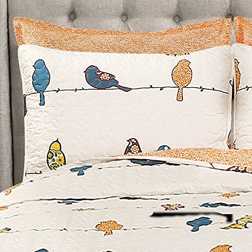Reversible Floral Bird Quilt Set - 7-Piece Full/Queen Bedding Set with Pillows