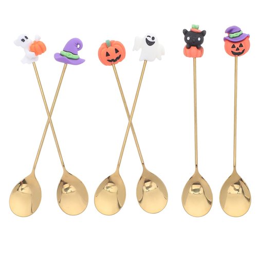 Cabilock 6Pcs Halloween Coffee Spoons, Stainless Steel Dessert Tea Spoons, Halloween Golden Pumpkin Witch Hat Ghost Design, Tableware Serving Utensils for Party and Kitchen