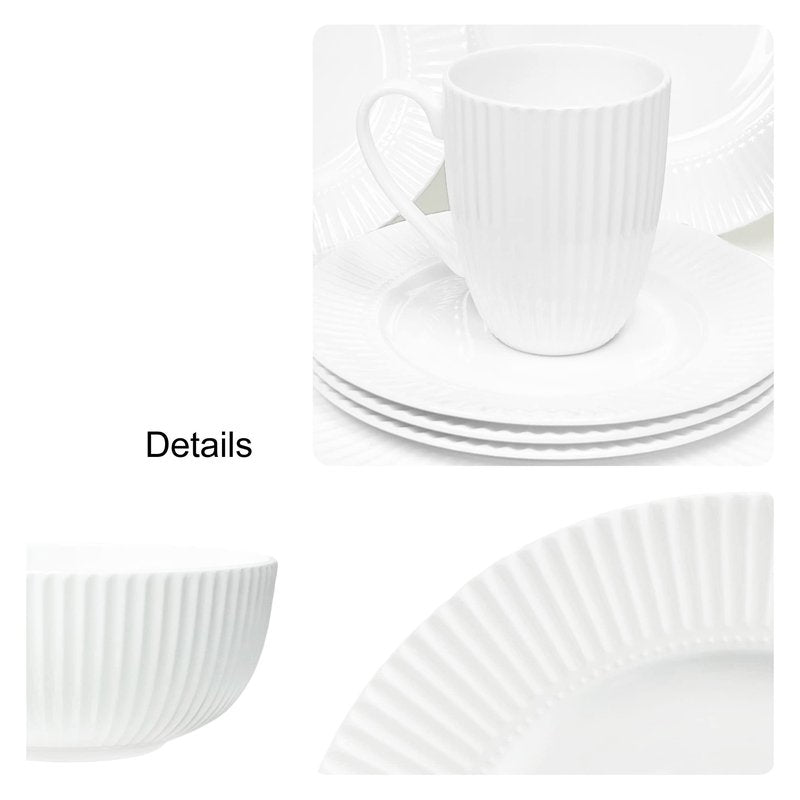Dinnerware, 16 Piece Set Bone China, Service for 4, White Embossed stripe Dishes, Microwave Safe, Chip Resistant, Dishware, For Formal Casual and Everyday Living, Plates and Bowls Set