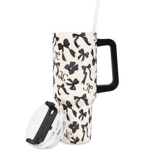 JarThenaAMCS Black Bow Tumbler with Lid and Straw 40oz Ribbon Bow Printed Tumbler with Handle Beige Black Stainless Steel Cup for Gift Home Office Travel