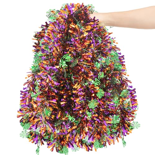 33ft Halloween Metallic Tinsel Garland with Green Spider Web Ornaments