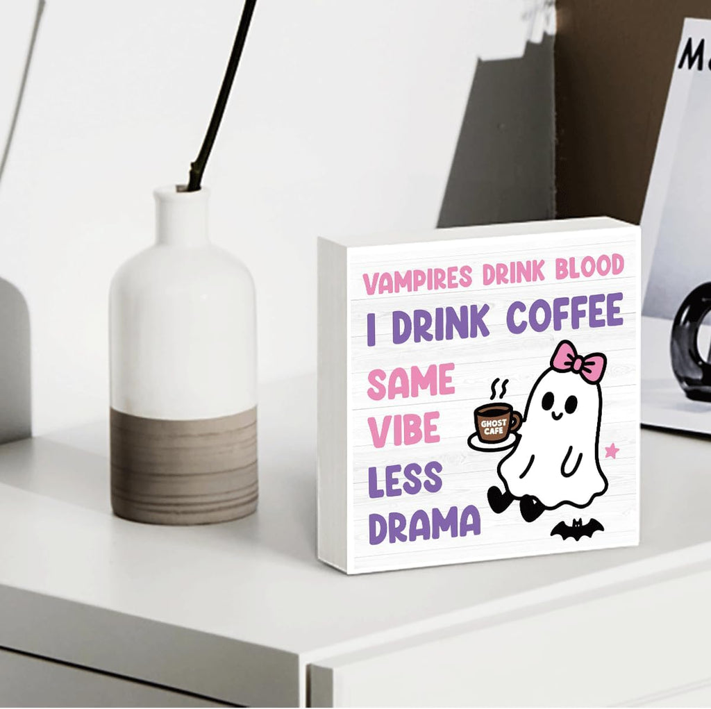 Skiennix Halloween Office Decor - Cute Ghost Coffee Bar Wooden Box Sign | 5x5 Inches for Home & Shop