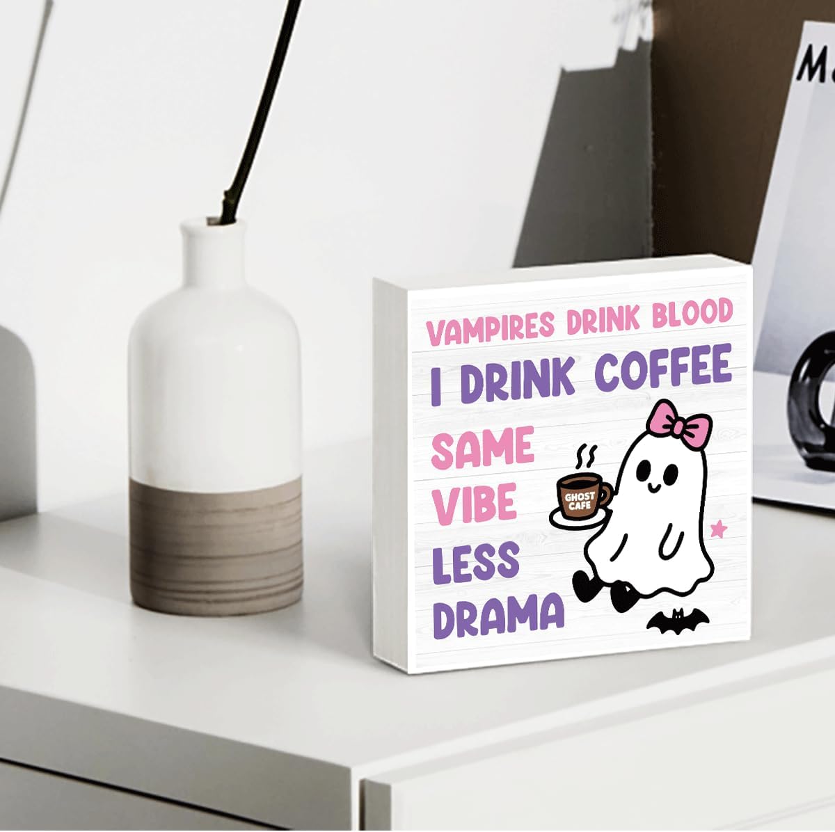 Skiennix Halloween Office Decor - Cute Ghost Coffee Bar Wooden Box Sign | 5x5 Inches for Home & Shop