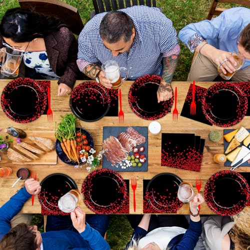 96-Piece Black and Red Disposable Party Tableware Set for 24 Guests