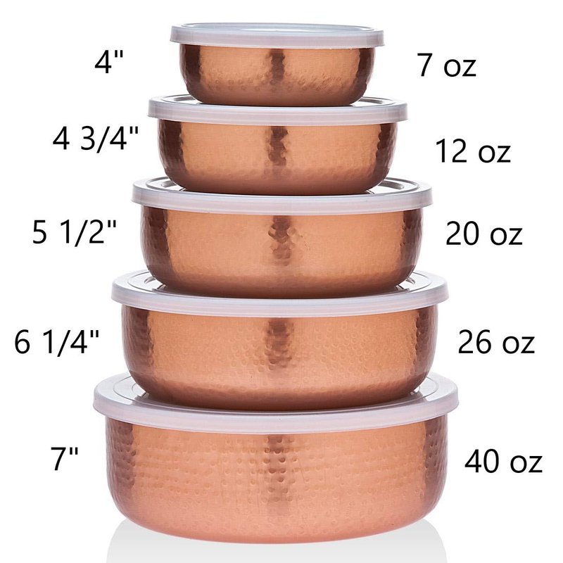 Godinger 5 Piece Hammered Copper Plated Stackable Storage Bowl Set with airtight Lids