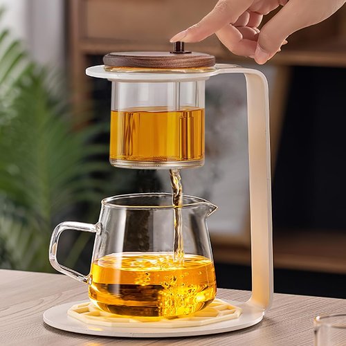 Lazy Kungfu Drip TeaPot, Heat Resistant Tea Set, Semi-Automatic Glass Teapot Suit for Magnetic Water Flow Wooden Glass Teapot Set