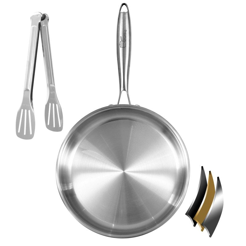 YeKuKing Tri-ply Stainless Steel Frying Pan 12 Inch Large Skillet for Chef's Cooking Pan Induction Oven Dishwasher Safe, Compatible with All Cooktops Up to 600℉ with Kitchen Tongs(Detachable Handle)
