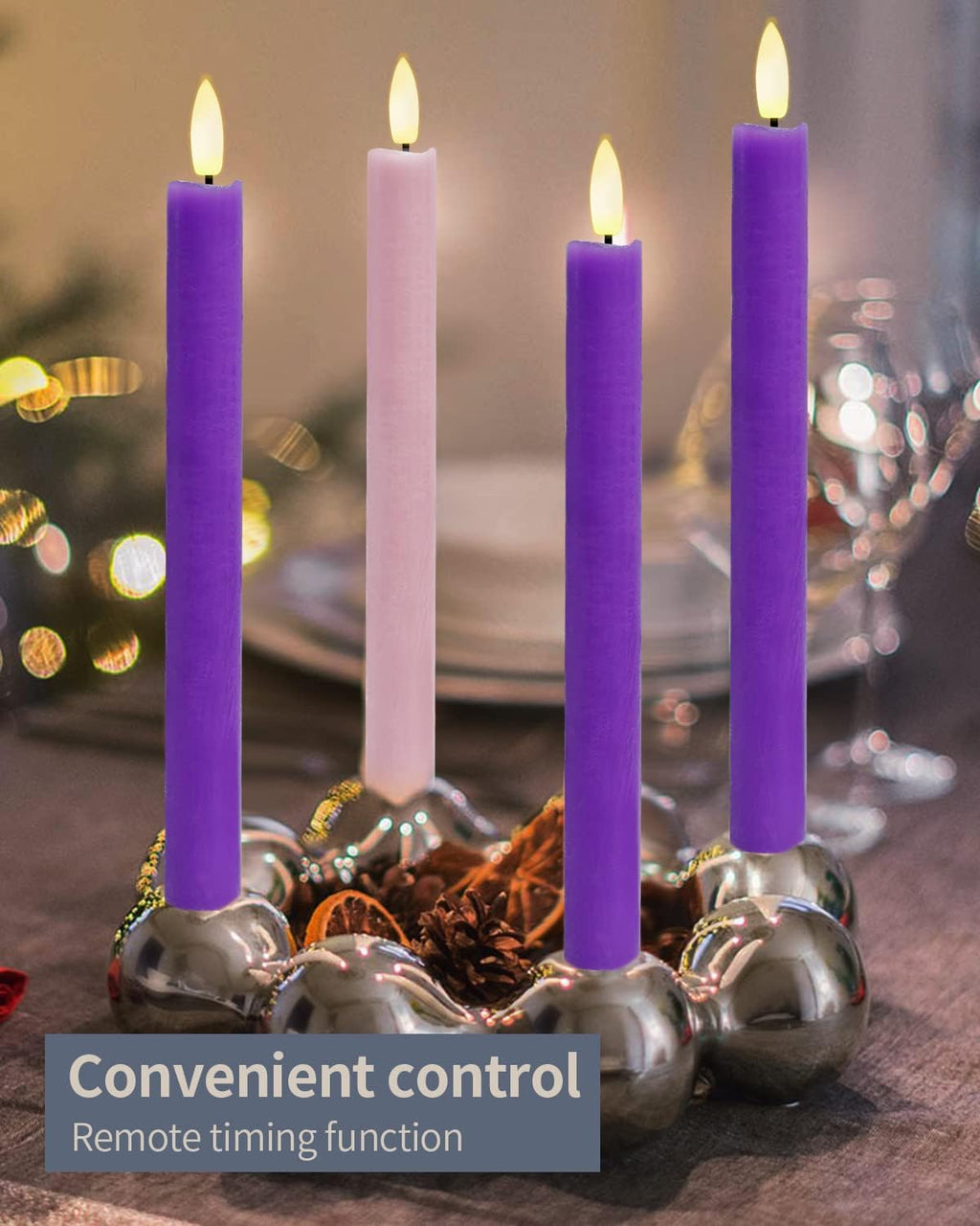 SHYMERY Flameless Taper Candles - Real Wax LED with Remote Timer | Set of 4 Purple & Pink for Thanksgiving & Christmas
