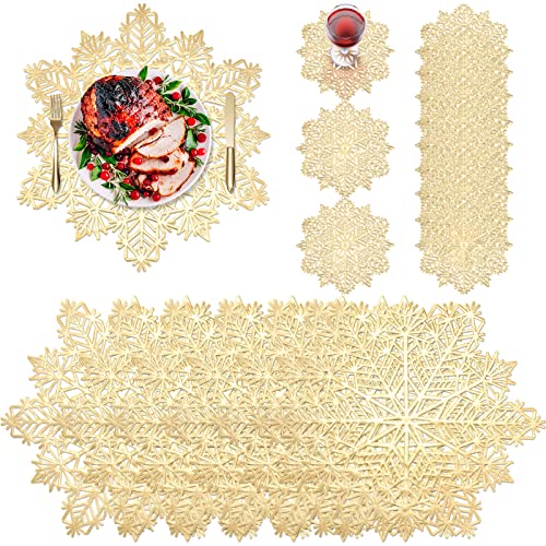 48 Pieces Christmas Snowflake Placemats Set – Gold Vinyl Coasters Included, 24 Placemats + 24 Coasters