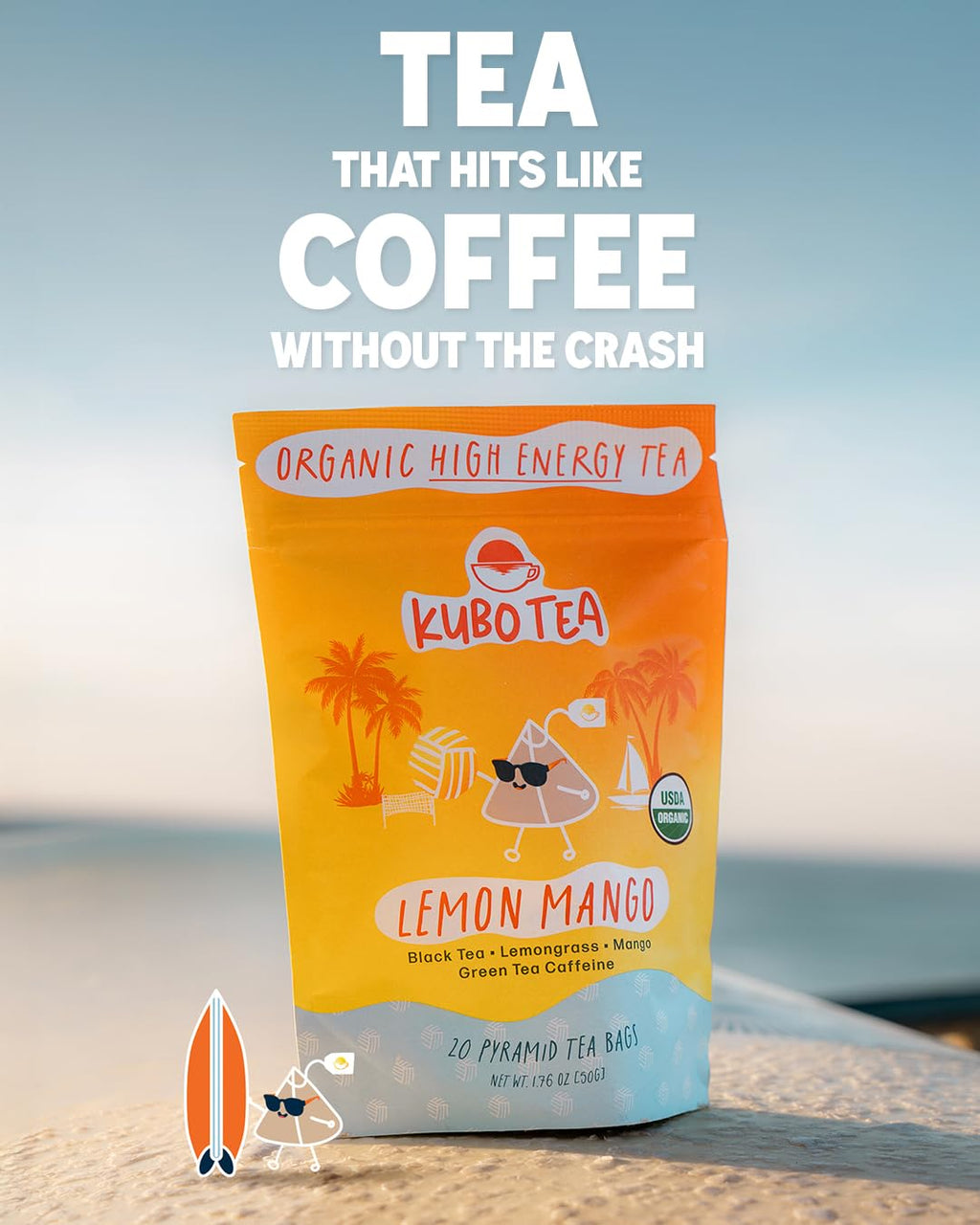 Kubo Tea High Caffeine Black Tea (155 mg) – Lemon Mango Energy Tea for Focus & Clean Energy | Smooth Coffee Alternative | Fruity Antioxidant Blend | 20 Compostable Tea Bags