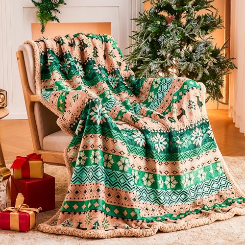 Ramees Christmas Throw Blanket 50x60in Fleece Sherpa Reindeer Snowflakes