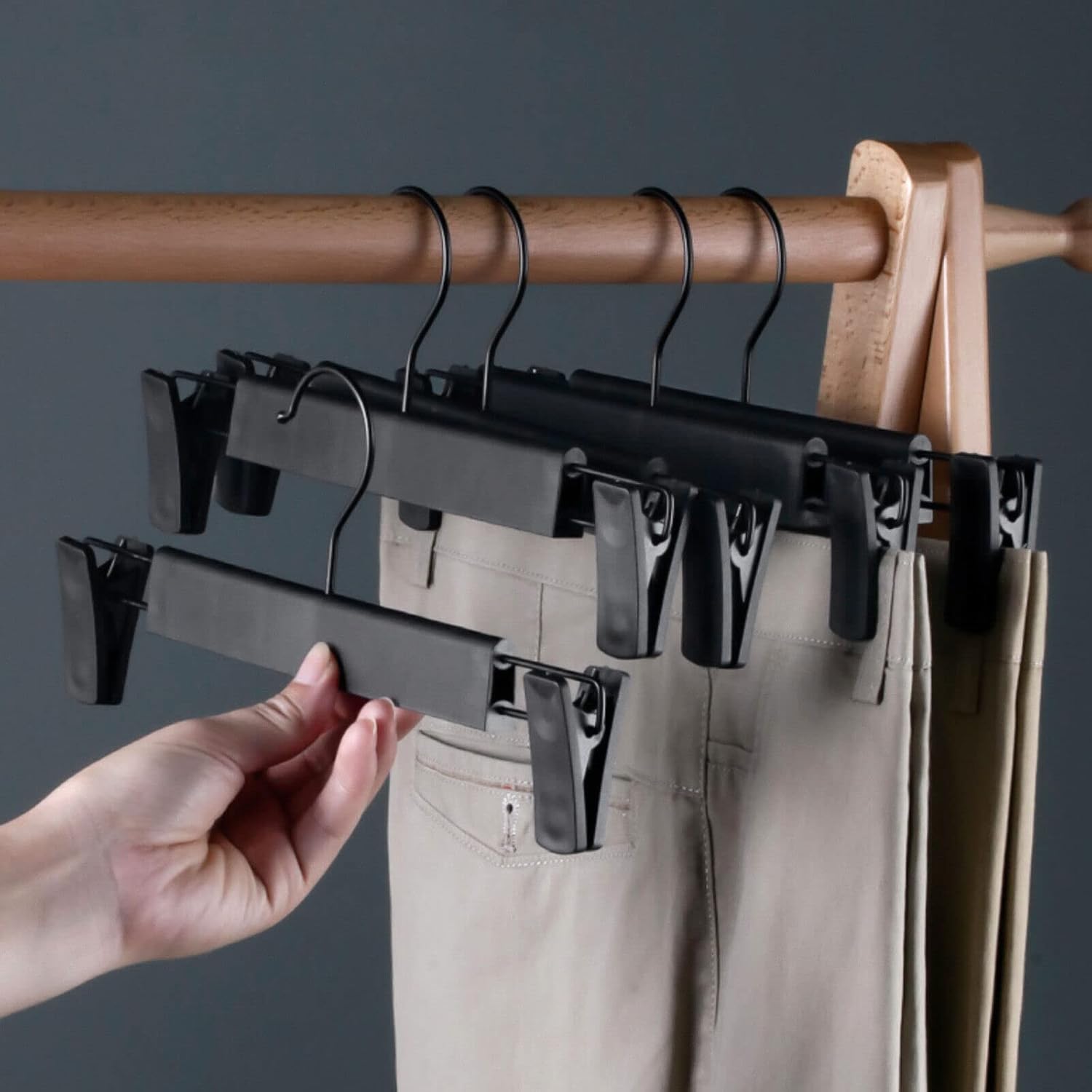 Northern Brothers Pants Hangers - 10 Pack Black Plastic Hangers with Clips | Adjustable, Non-Slip Design for Space Saving Storage