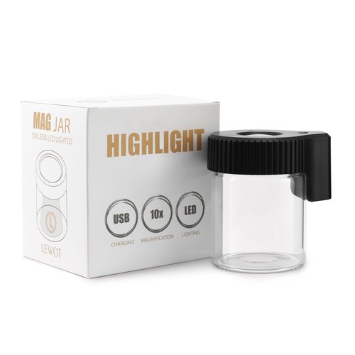 LEWOT Magnifying Viewing Jar with LED Light, Airtight Transparent Glass Storage Jars, Rechargeable LED Lit Lid Container (Black)