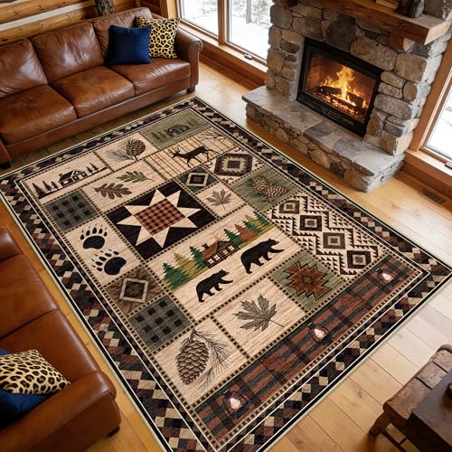 5' x 7' Bear Area Rug Rustic Cabin Deer Machine Washable Home Decor