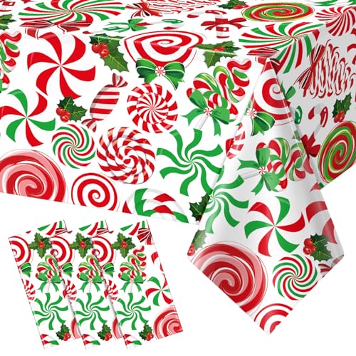 54x108 Inch Christmas Candy Cane Tablecloth Set - 3 Pieces Red Green Holiday Decor