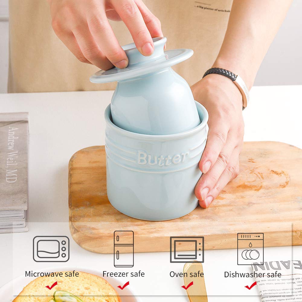 KOOV Ceramic Butter Crock, French Butter Dish, Butter Keeper for Counter, Big Capacity, Elegant Blue Collection (Light Blue)
