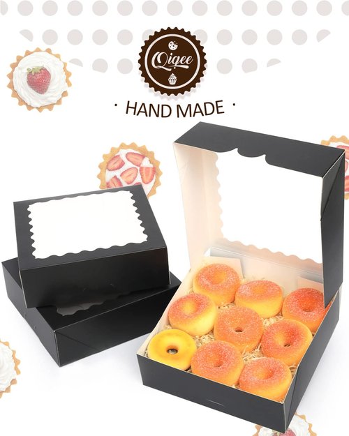 qiqee Auto-pop up Black Bakery Boxes 50 Packs Pastry Box 8x8x2.5 inch Pie Boxes With Window