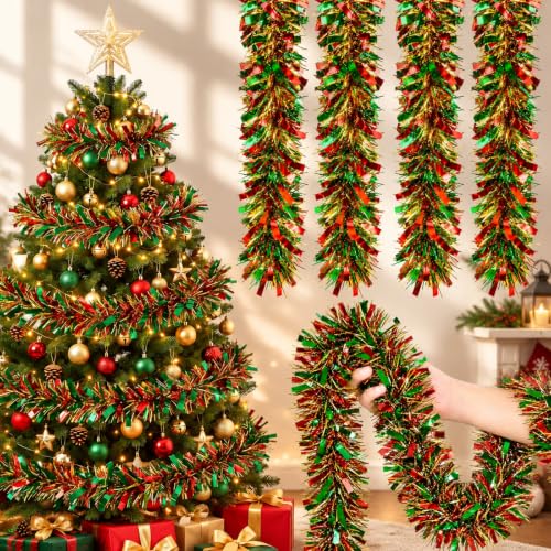 72 ft Red Green Gold Christmas Tinsel Garland – Foil Metallic Twist Streamer
