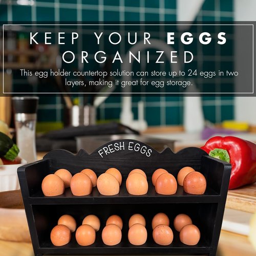 Wild AF Black Premium Pine Wooden Egg Holder 2-Tier Durable 24-Egg Storage Solution Ideal for Modern and Rustic Kitchen Fresh Eggs