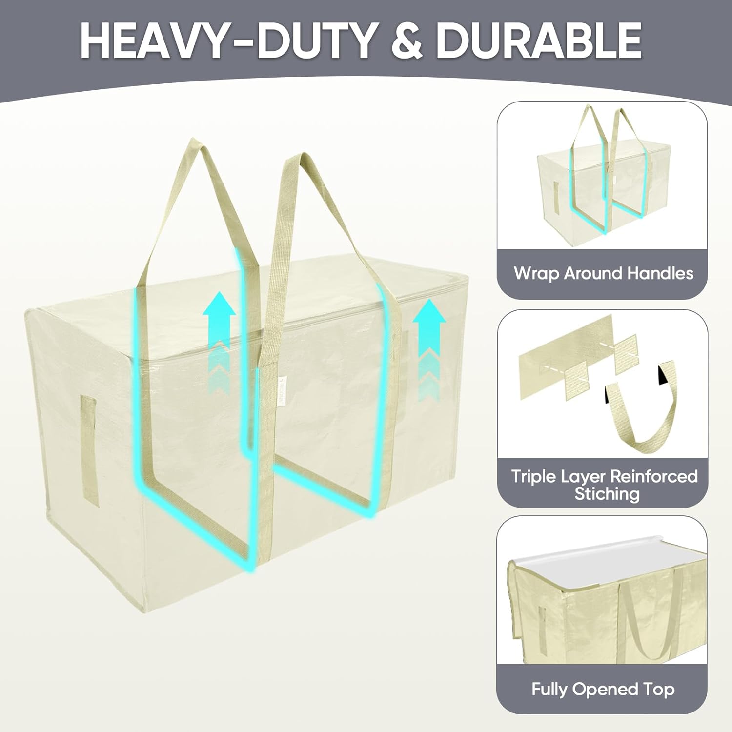 TICONN Extra Large Heavy-Duty Moving Bags - Durable Storage Solution with Zippers & Handles | 2 Pack, Cream