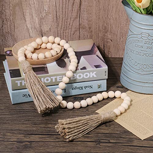 58-Inch Farmhouse Wood Bead Garland with Jute Tassels, Rustic Home Decor
