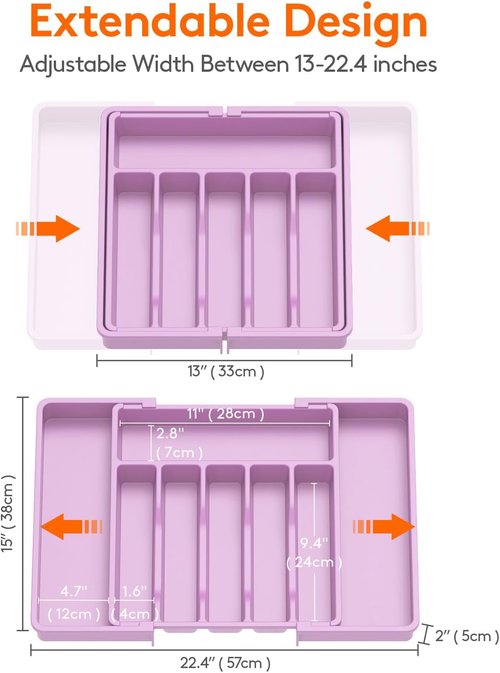 Lifewit Expandable Silverware Drawer Organizer - BPA-Free Utensil Tray for Kitchen | Adjustable Storage 13-22 x 15" - Purple