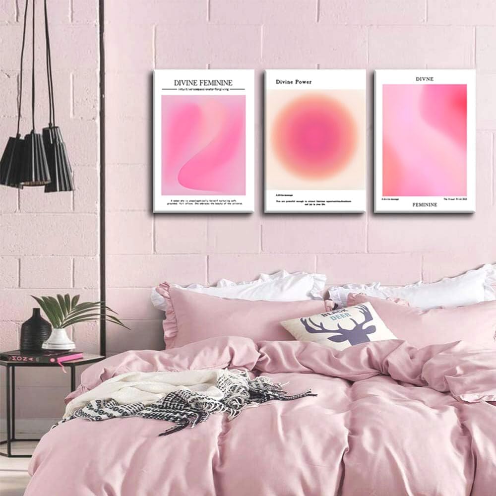 Trendy Aesthetic Canvas Wall Art - Set of 3 Pink Gradient Aura Angel Prints | Framed 12x16 Inch Decor for Bedroom & Living Room