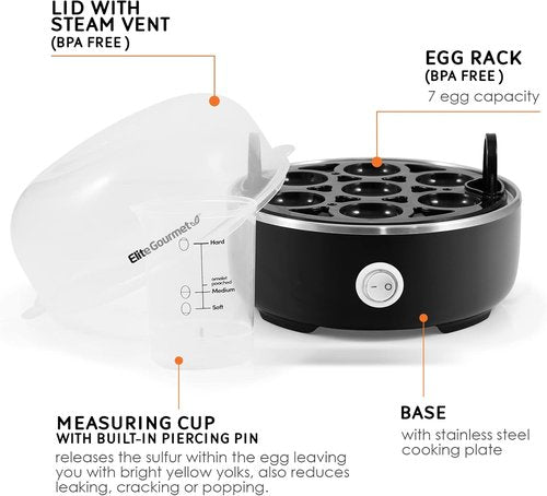 Elite Gourmet Easy Egg Cooker - Electric 7-Egg Capacity with Auto Shut-Off & Measuring Cup | Classic Black