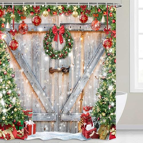 MCKTOM Rustic Farmhouse Christmas Shower Curtain 72x72 in Grey with 12 Hooks