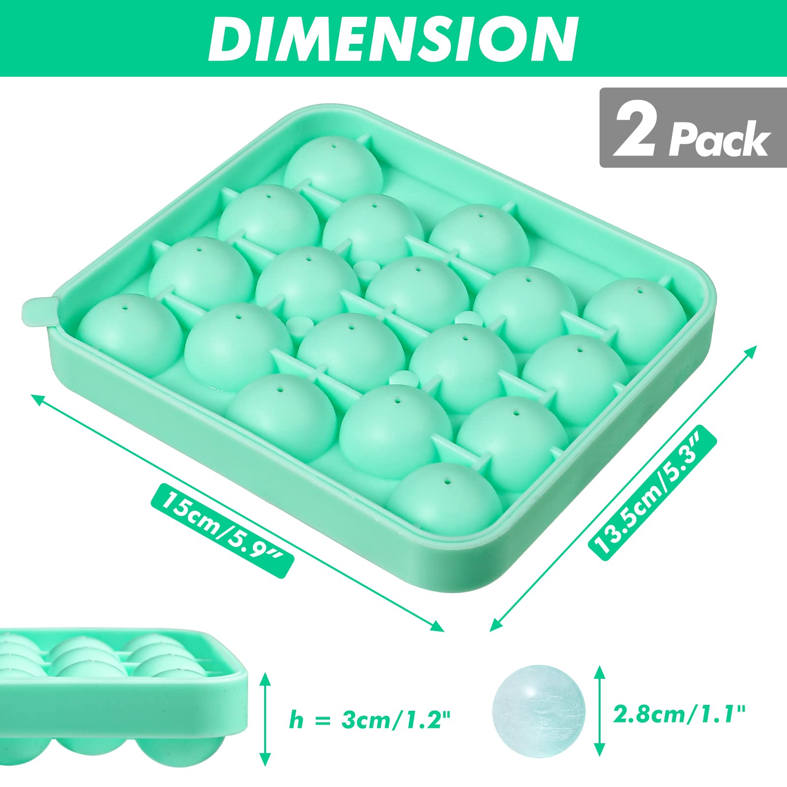 Webake 2 Pack Sphere Ice Cube Trays - 1.1" Small Round 36pcs Ice Ball Maker, Flexible Silicone Molds for Cocktails, Whiskey, Tea & Coffee - Easy Release & BPA Free (Green)